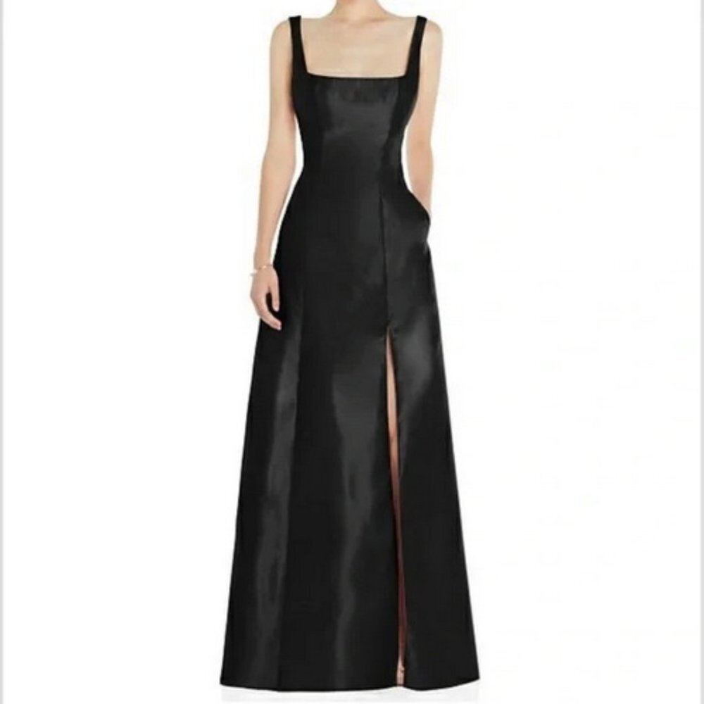 ALFRED SUNG Black Satin Maxi Dress with Square Neck and Front Slit